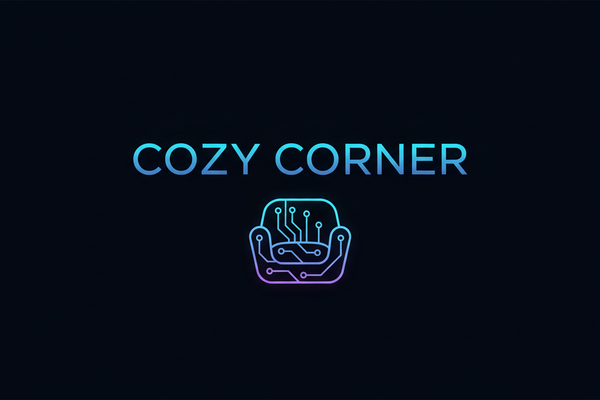 Lag en profesjonell logo for en nettbutikk som heter “Cozy Corner”. Butikken selger smarte gadgets, teknologi og moderne livsstilsprodukter. Logoen skal være futuristisk, ren og premium, med neon blå, grønn eller lilla glød. Minimalistisk tekstlogo med et ikon som kombinerer teknologi og komfort. Mørk bakgrunn. Ingen cartoon stil, bare moderne tech-brand look.