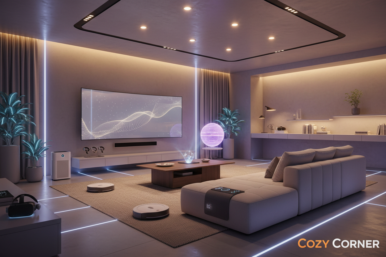 Lag et bredt hero-bilde til en nettbutikk som heter “Cozy Corner”. Bildet skal vise et moderne, koselig rom med smart lys, LED-striper, futuristisk belysning, varme farger, litt neon blå/lilla glød og teknologi/gadgets i rommet. Stemningen skal føles trygg, moderne og premium – en blanding av komfort og futuristisk tech. Høy kvalitet, realistisk, bredt landskapsformat, perfekt for en nettbutikk-forside.